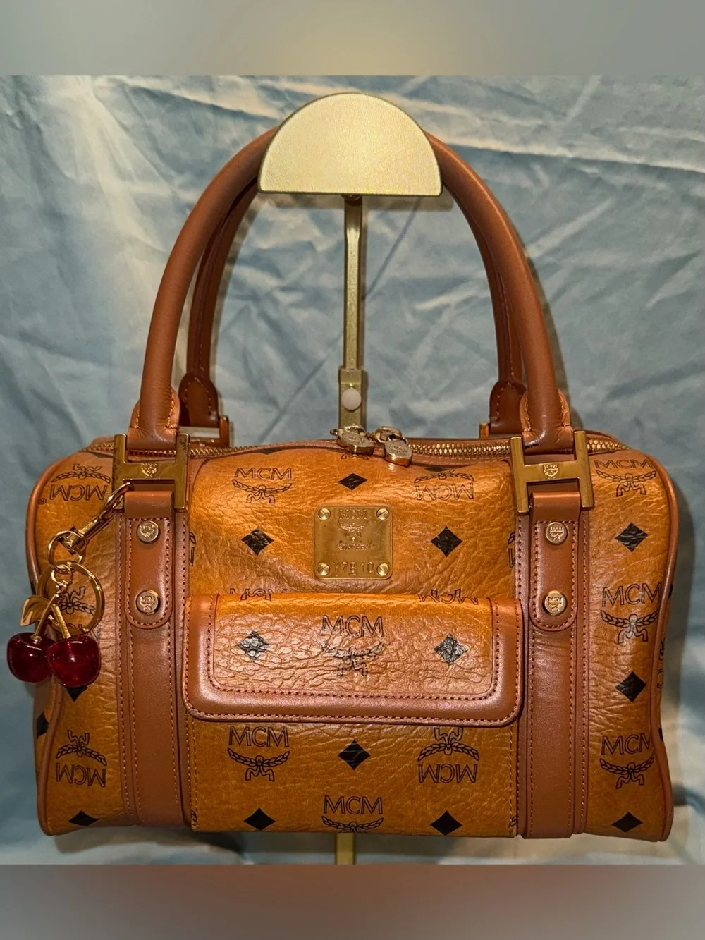MCM Authentic Cognac Logo Visetos Boston Satchel with Gold Hardware